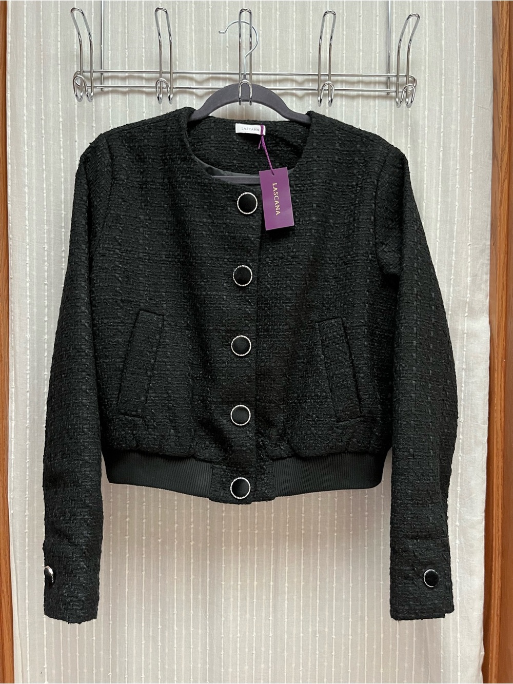 LASCANA Black Tweed Jacket Round Neck Cropped Bomber NWT Size 6